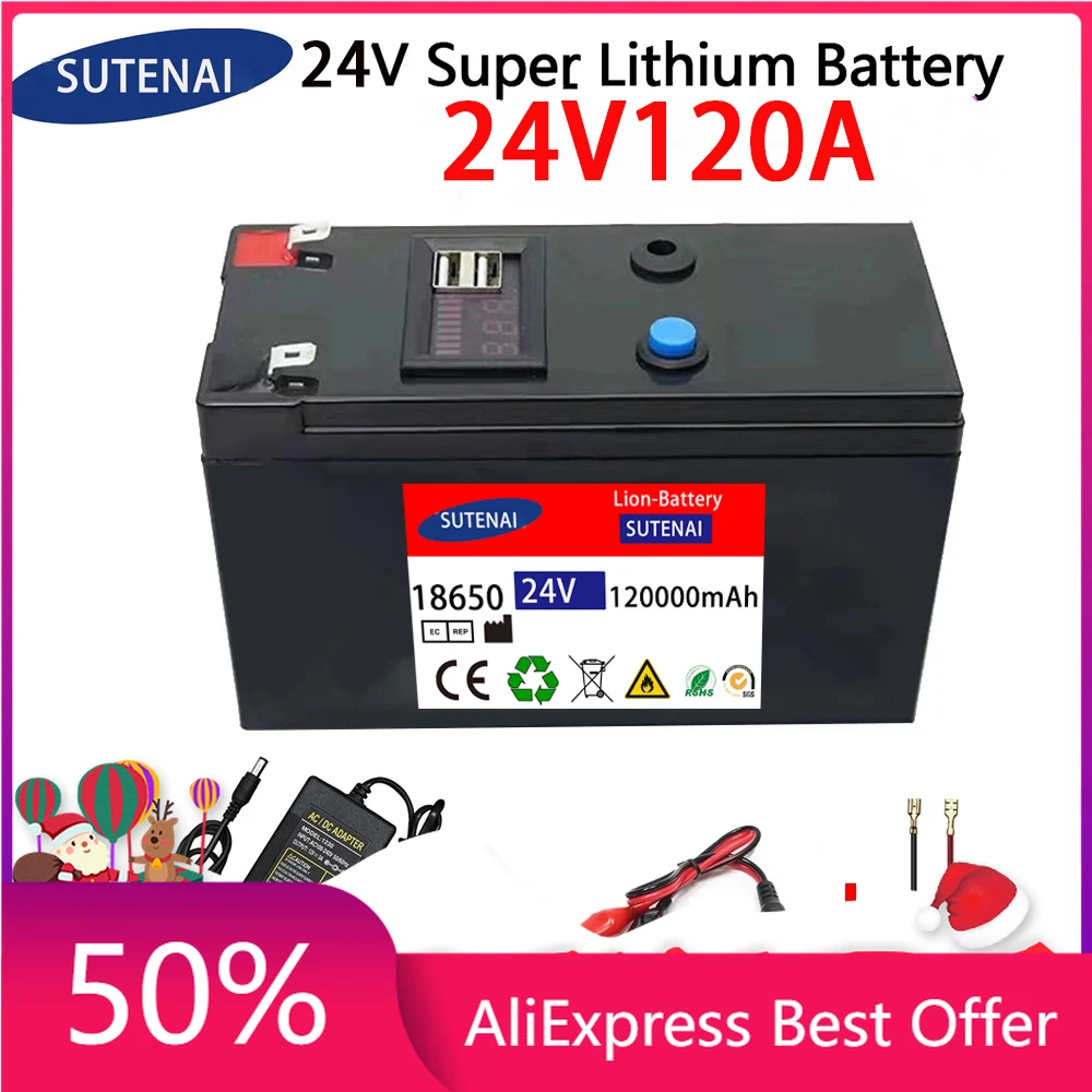 

24V Battery 120Ah 18650 lithium battery pack Rechargeable battery for solar energy electric vehicle battery+25.2v2A charger