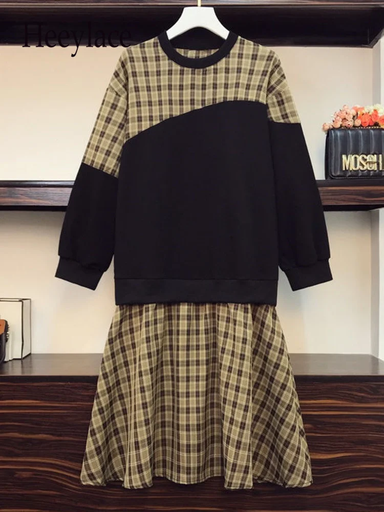 

Autumn Winter Plaid Patchwork Fake Two Pieces Sweatshirts Dresses For Women Long Sleeve Vintage Casual Dress Vestido De Fiesta