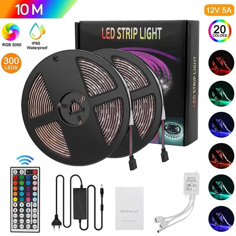 Гибкая Водонепроницаемая светодиодная лента RGB SMD5050, гибкая Водонепроницаемая лампа-диод, адаптер контроллера с 44 клавишами, освещение 5 м, 10 м, 15 м, 30 светодиодов/м, 12 В постоянного тока