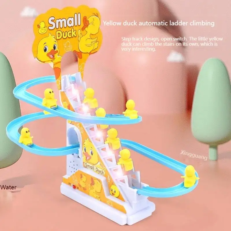 

Tiktok the same little duck climbing stairs yellow railcar toy electric slide music light boys and girls toy
