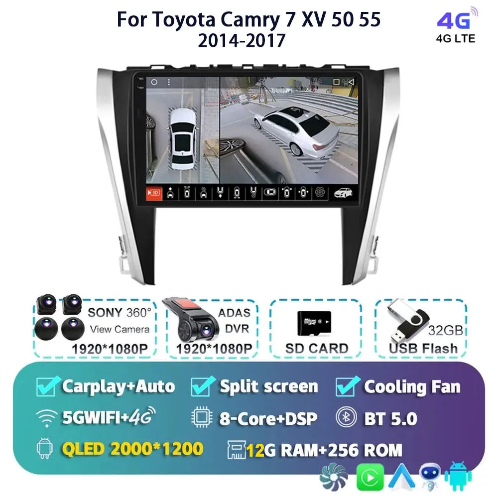 

Автомобильный радиоприемник Android 15 для Toyota Camry 7 XV 50 55 2014-2017, автомобильный радиоприемник, мультимедийный видеоплеер, навигация 5G, Wi-Fi, GPS, 2Din Carplay