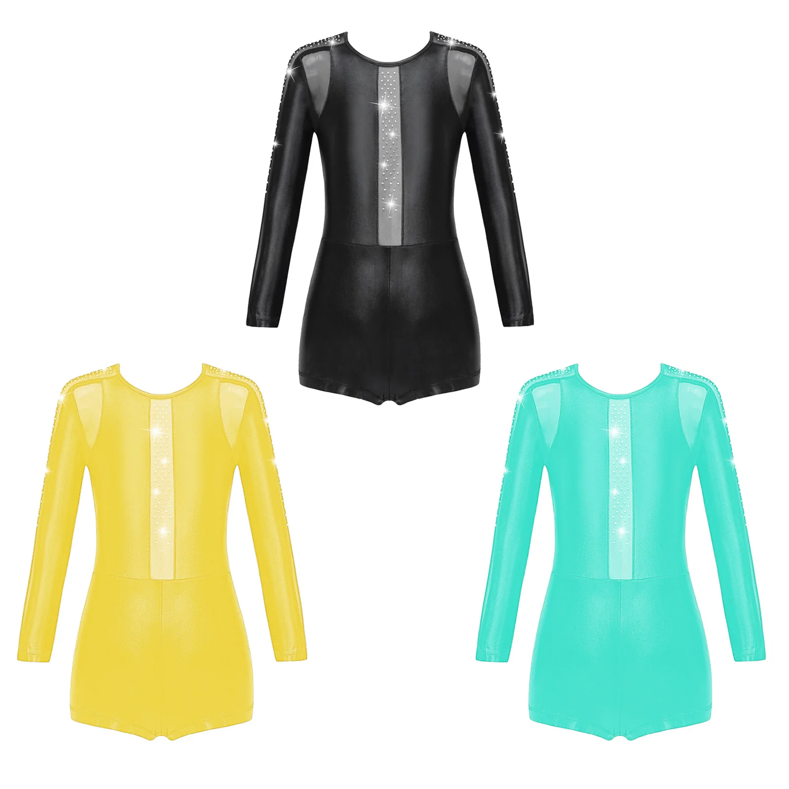Kids Girls Gymnastic Leotards Long Sleeve Round Neckline Mesh Backless Leather Jazz Dance Jumpsuit Stage Performance Costume