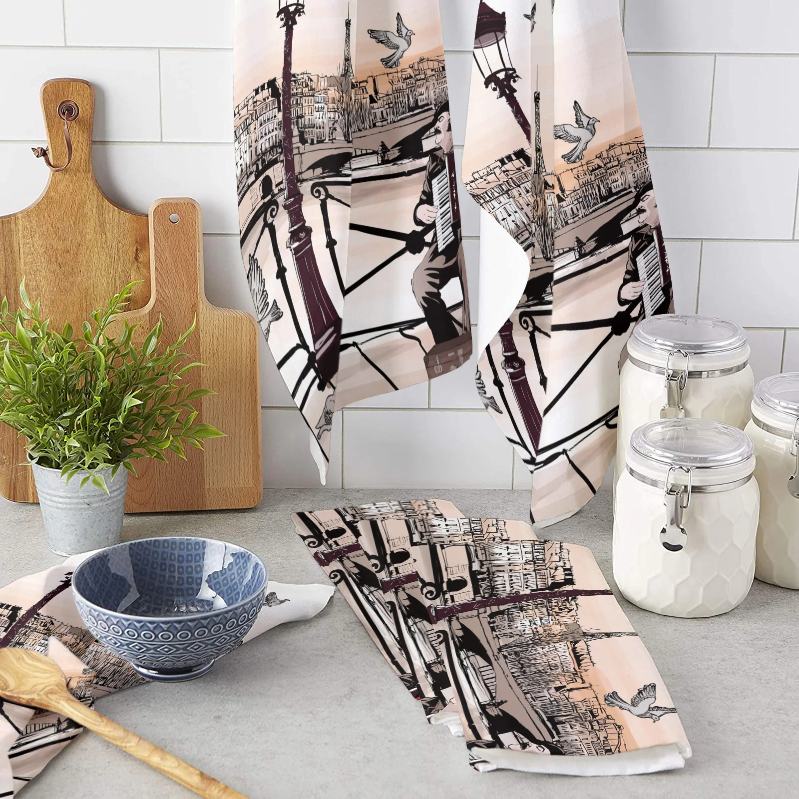 

Accordionist Art Bridge Paris Pigeon France Printed Tea Hand Towel Kitchen Dishcloth Water Absorption Household Cleaning Cloth