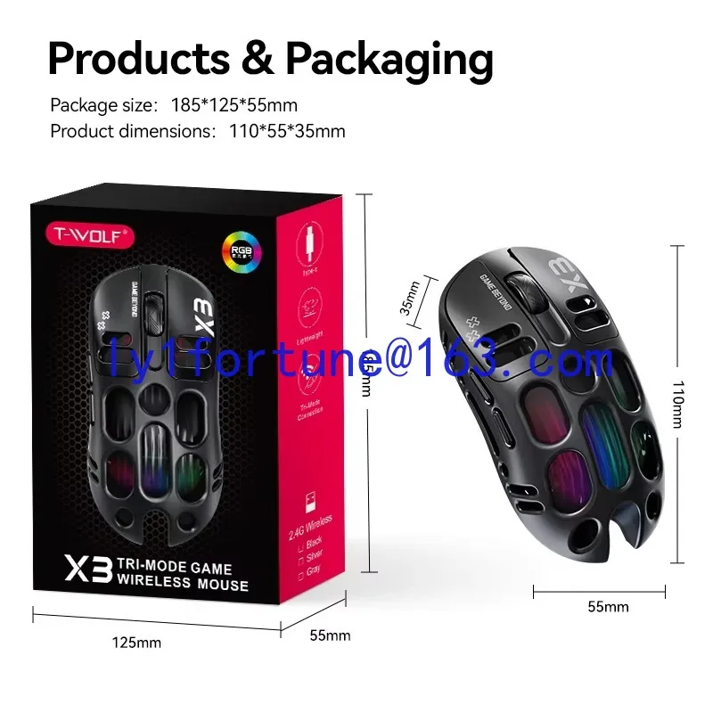 Беспроводная игровая мышь X3, третья модель, легкая, 12000 dpi, Bluetooth, с перфорацией, RGB, с подсветкой (art.: 3920da3dcaed1) - 3920da3dcaed1