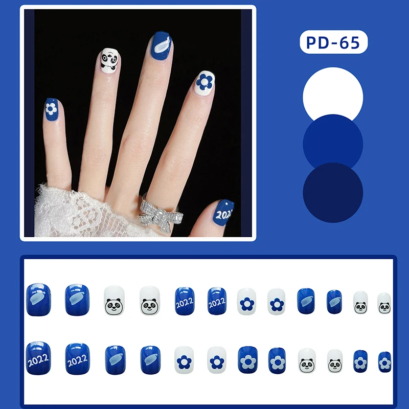 

24PCS Cute Panda Fake Nail Sweet Style Short Nail Save Time Finished Nail Piece 24PCS Finished Nail Piece Wearable False Nails