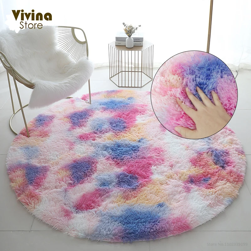 

Rainbow Fluffy Carpet Round Plush Girls Bedroom Decor Circle Long Hair Carpet For Living Room Cute Children Carpet Colorful