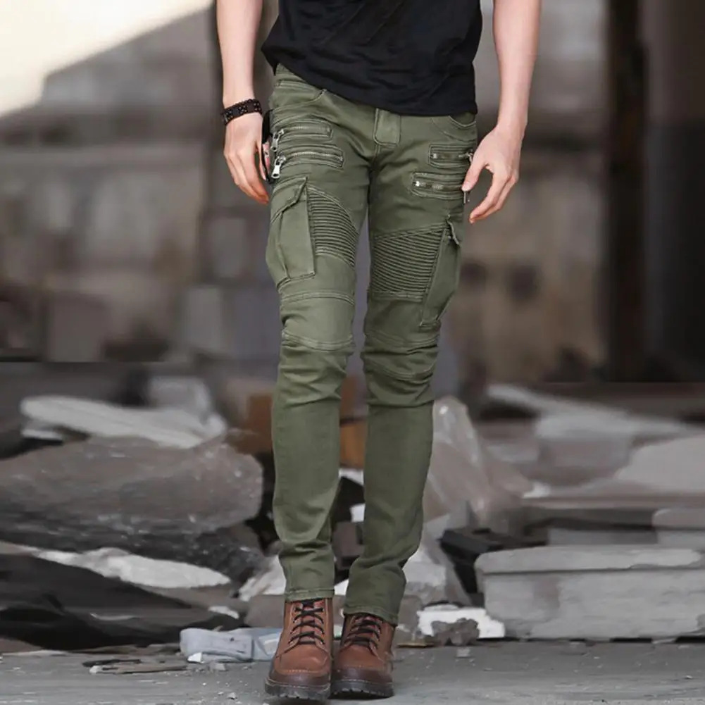 

Motorcycle Cargo Pants Solid Color Bottoms Streetwear Mid Waist Ruches Pencil Pants Men Pencil Pants for Daily Wear