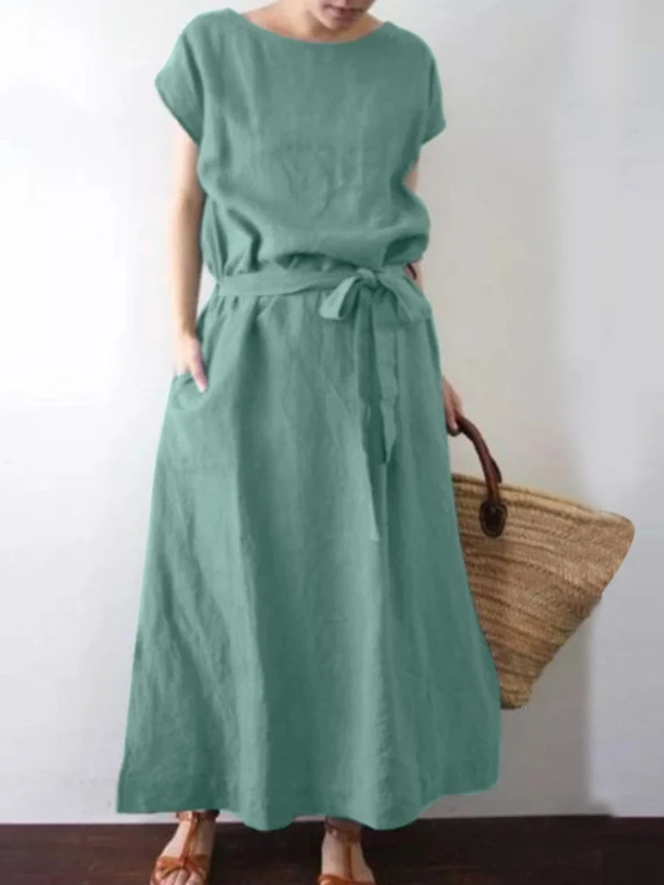 

New Summer Women's Fashion Cotton and Linen Dress Loose Bohemian Short Sleeve Round Neck Solid Color Belt Oversized Dresses