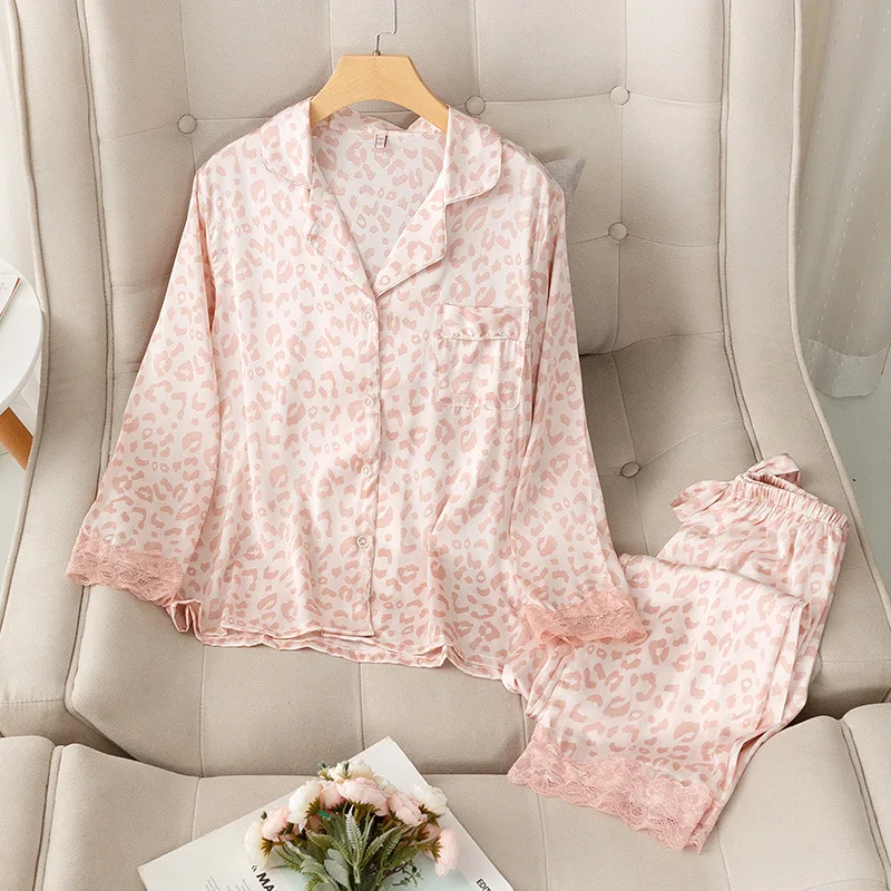 

Spring Autumn Lace Pajamas Set Women Leopard Sleepwear Pijamas Suit Lingerie Lapel Female Satin PJS Nightwear Home Clothes
