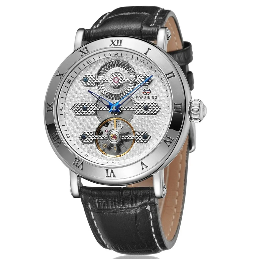 Luxury  Silver Skeleton Mechanical Watch Men Automatic Self-Wind Leather Black Band Wristwatch Male Relogio Masculino