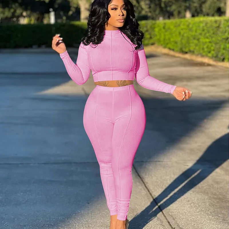 

Znaiml 2023 Solid Basic Knitted Fitness Elastic Two Piece Set for Women Active Wear Crop Top Leggings Sporty Jogger Tracksuit