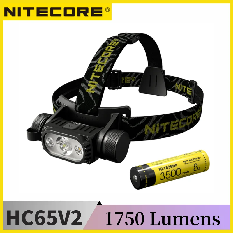 NITECORE HC65 V2 USB Rechargeable Headlamp 1750 Lumen Flashlight 100° Flood LED Headlight White Red Light,3500mAh 18650 Battery
