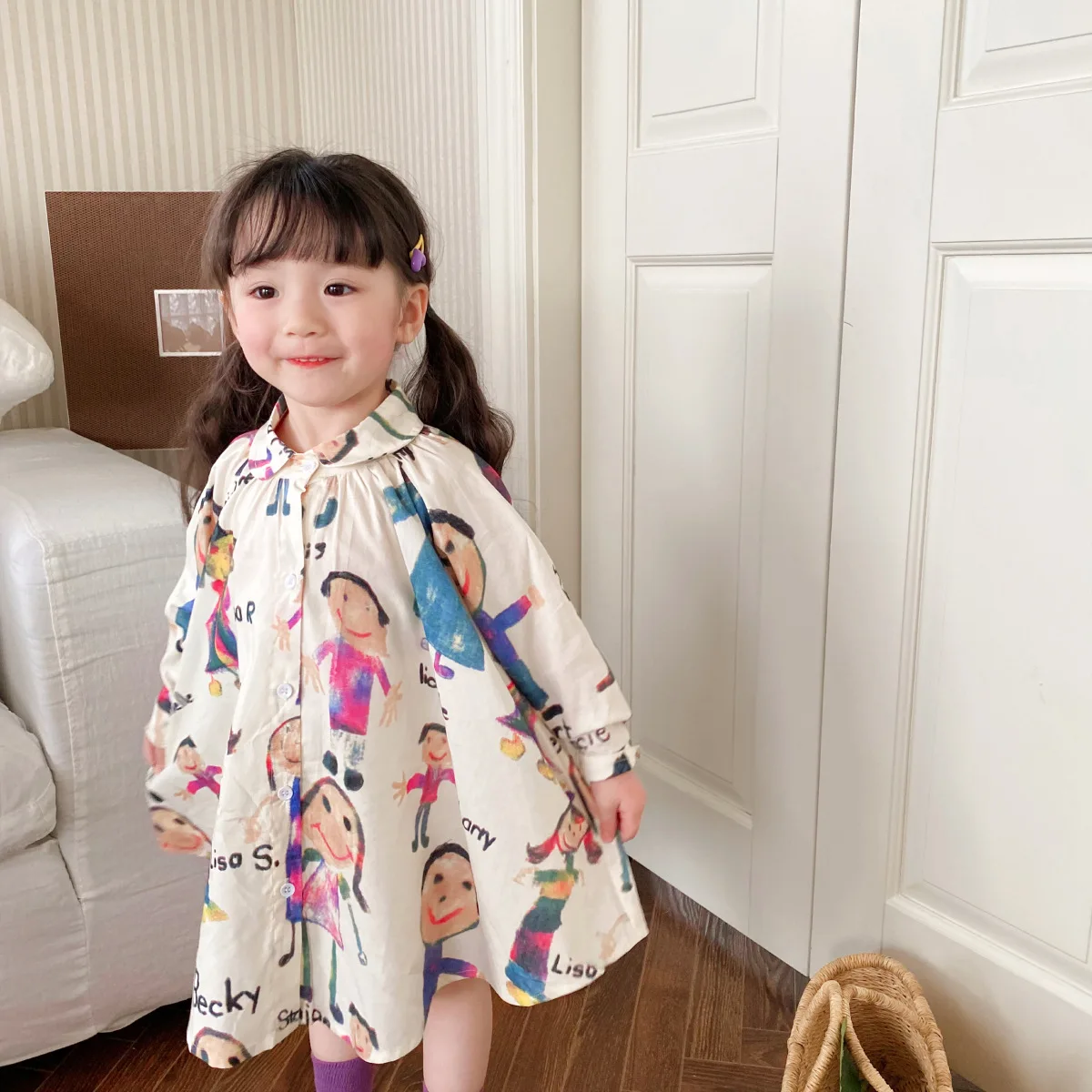 

Рубашка с героями мультфильмов, осень 2023, новое милое платье для девочек, платье для девочек на весну, корейская детская одежда