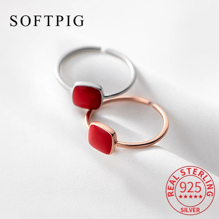 

SOFTPIG Real 925 Sterling Silver Red Square Enamel Adjustable Ring For Charm Women Party OL Fine Jewelry Minimalist Accessories