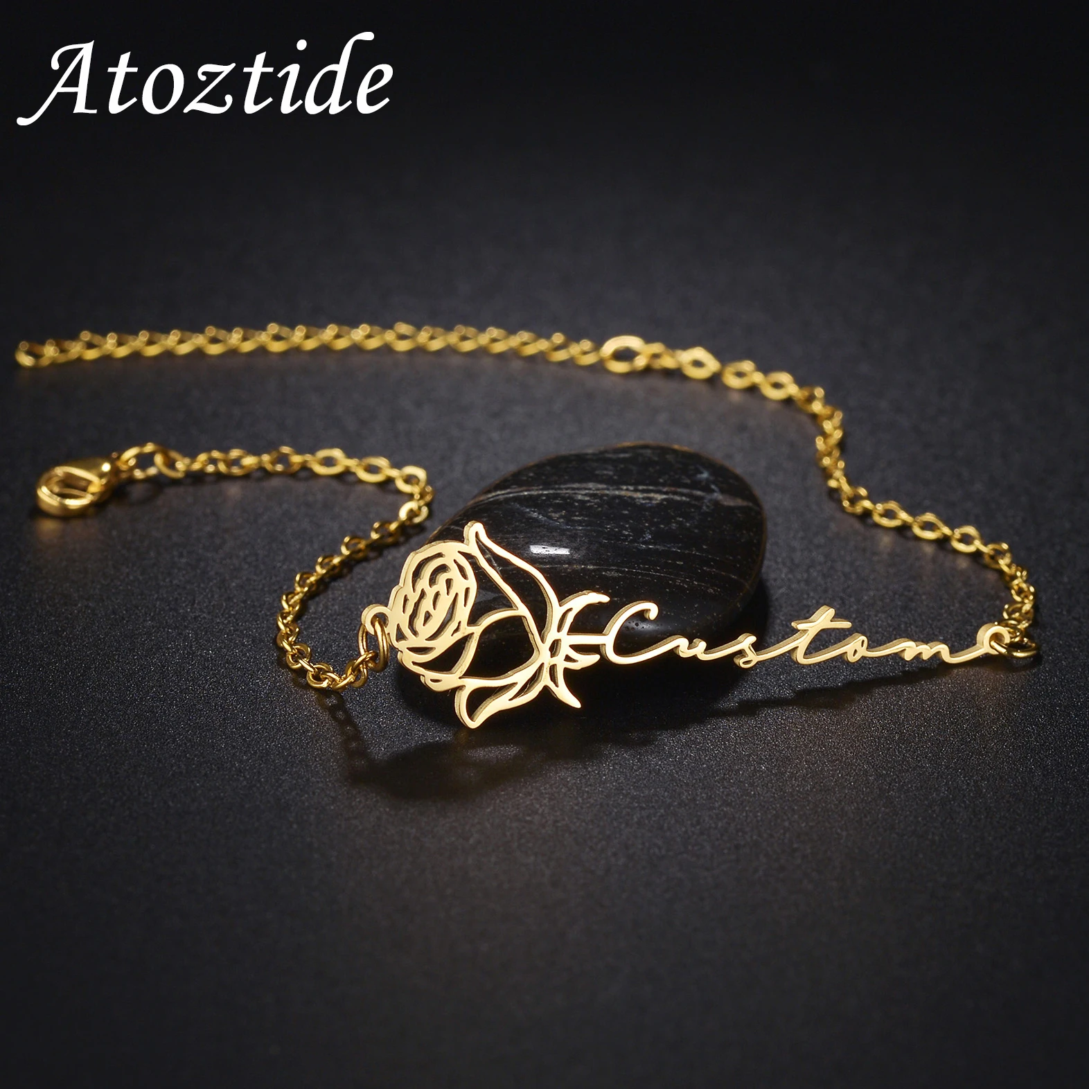 

Персонализированный именной браслет Atoztide, месяц, цветок для женщин, звено из нержавеющей стали, цепочка, браслет, день рождения, ювелирные изделия, подарок