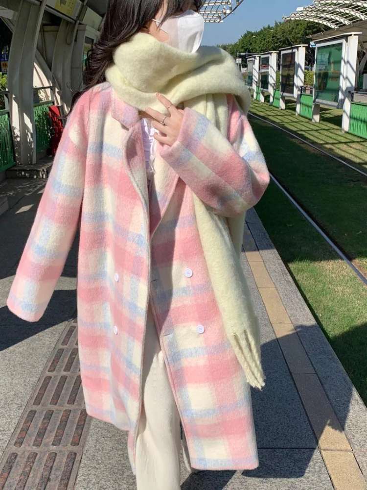 

Женское шерстяное пальто средней длины, розовое пальто в клетку с воротником, одежда для зимы