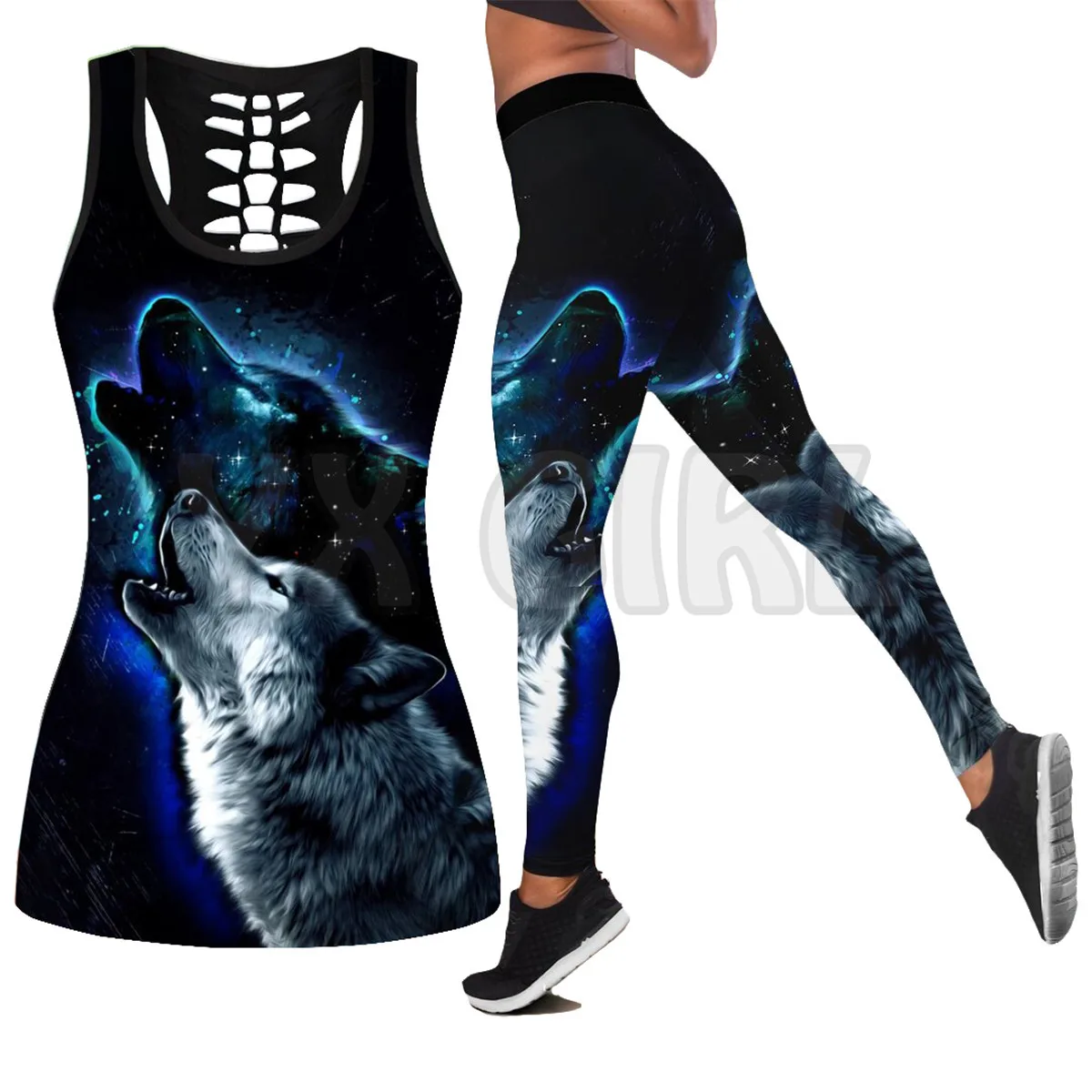 Night Wolf  3D Printed Tank Top+Legging Combo Outfit Yoga Fitness Legging Women