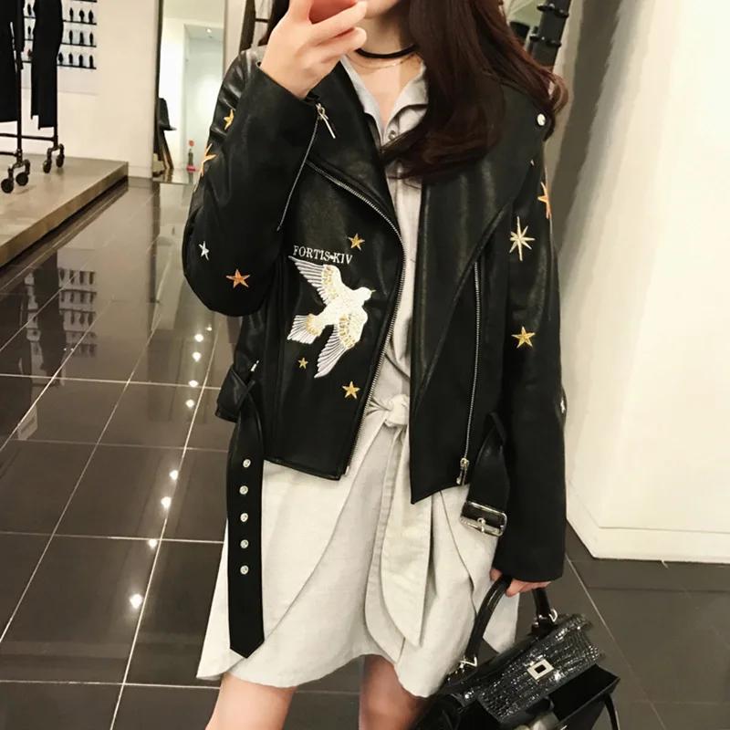 2023 new embroidered women's leather clothing spring and autumn wear belt leather coat slim motorcycle lapel leather jacket