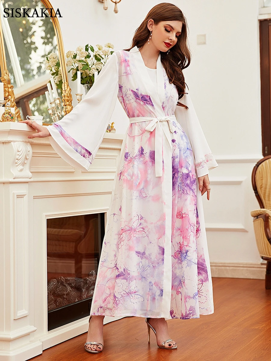 Женское платье-макси с цветочным принтом Abaya, кимоно-кардиган в мусульманском стиле с цветочным принтом