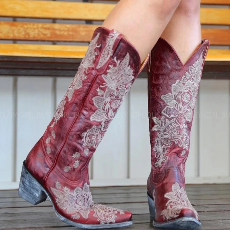 Autumn and winter new European and American cross -border embroidery ethnic style heels high boots women's boots