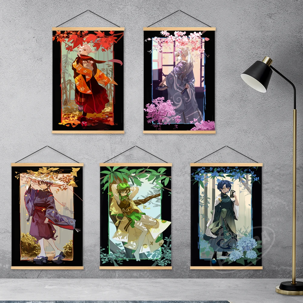 

Canvas Print Home Decor Genshin Impact Wooden Hanging Painting Poster Kaedehara Kazuha Wall Art Anime Modular Picture Kids Room