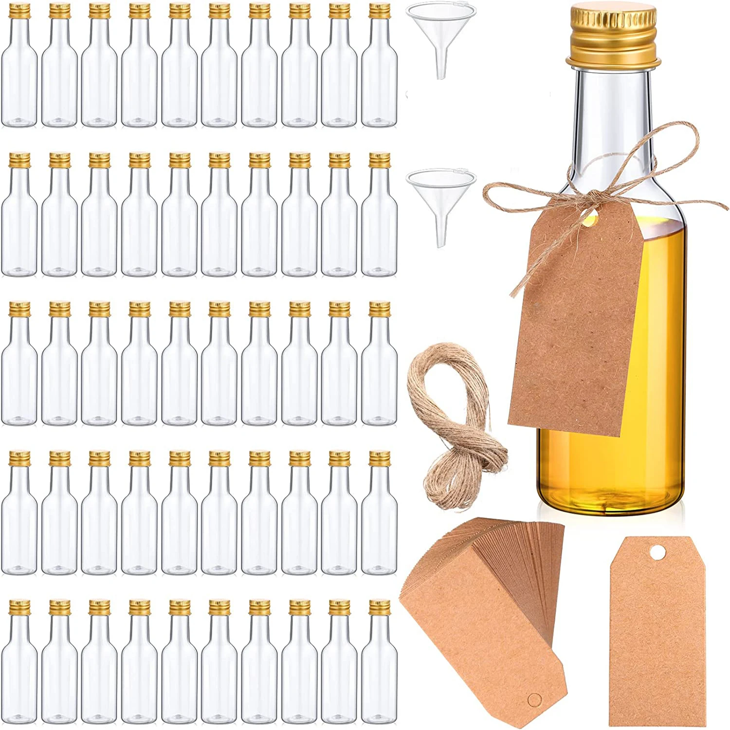 

30 Pcs 50ml Mini Plastic Liquor Bottles Set, Spirit Bottles Alcohol Shot Bottles with Caps,Kraft Tags with Ropes for Party