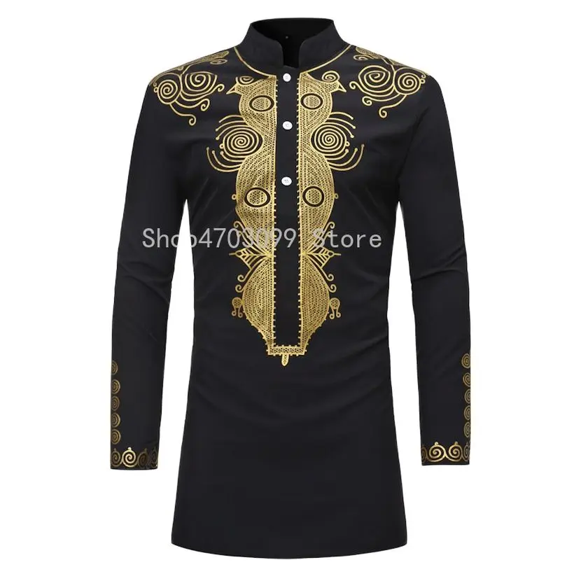 

Mens Hipster African Dashiki Longline T-Shirt 2023 Fashion Stand Collar Long Sleeve Button Tee Shirt Homme African Clothes Men