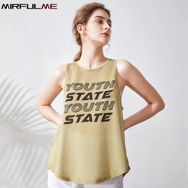 Купи Women Sport Vest Thin Loose Sleeveless Yoga Shirt Letters Print Running Fitness Gym Tops Blouse Quick Dry Forked Tank Top Female за 691 рублей в магазине AliExpress