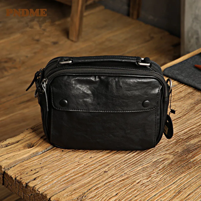 PNDME casual luxury genuine leather men's black messenger bag high quality natural real cowhide outdoor daily shoulder bag