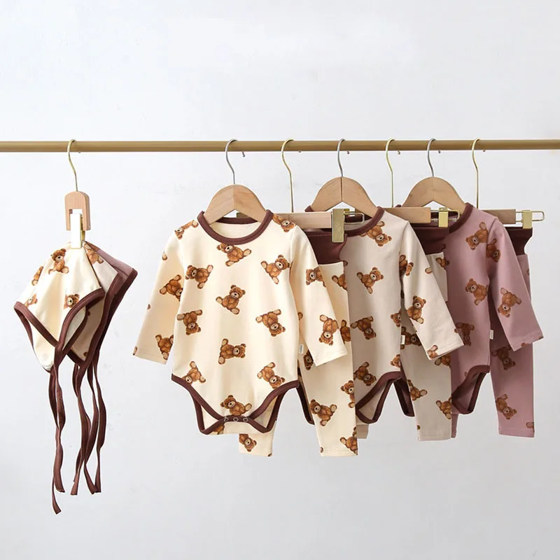 

Newborn Baby Boy Clothes Set 3pcs Cartoon Bear Romper+Pant+Hat Baby Boy Girl Clothes Infant Clothing Sets Baby Pajamas