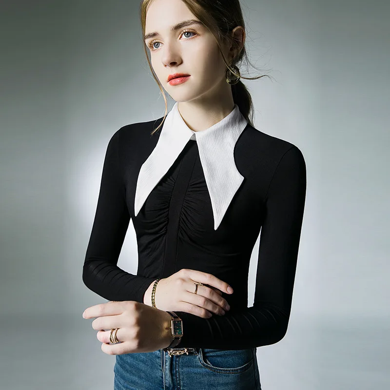 

HIgh Quality 2023 Women Tops Spliced Point Collar T-shirt Female Clothing Winter Autumn Sexy Crop Top Clothes Casual Blouse Y2k