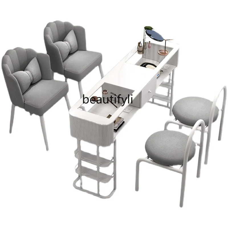

Cream Style Nail Table White Japanese Style Economical Glass Single and Double Set Nail Table Nail Shop