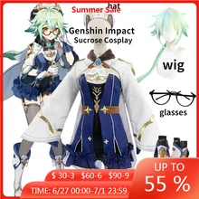 Anime Genshin Impact Sucrose Cosplay Costume Saccharose  Wigs Shoes Suit Dress Uniform Halloween Party Outfit for Women Full Set