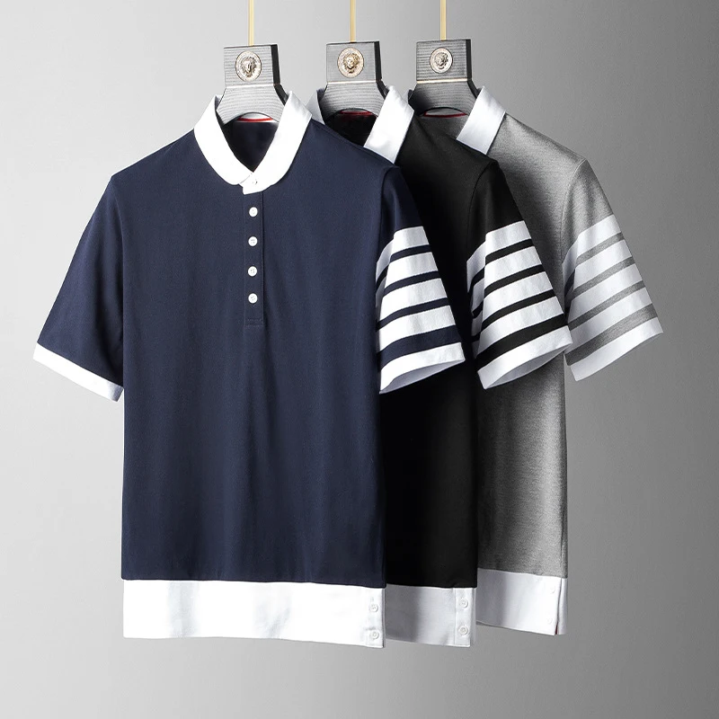 

Мужские футболки-поло TB THOM, корейская модная футболка-поло в стиле Харадзюку, разноцветные топы в 4 полоску, повседневные блузки, Новое поступление, 2023