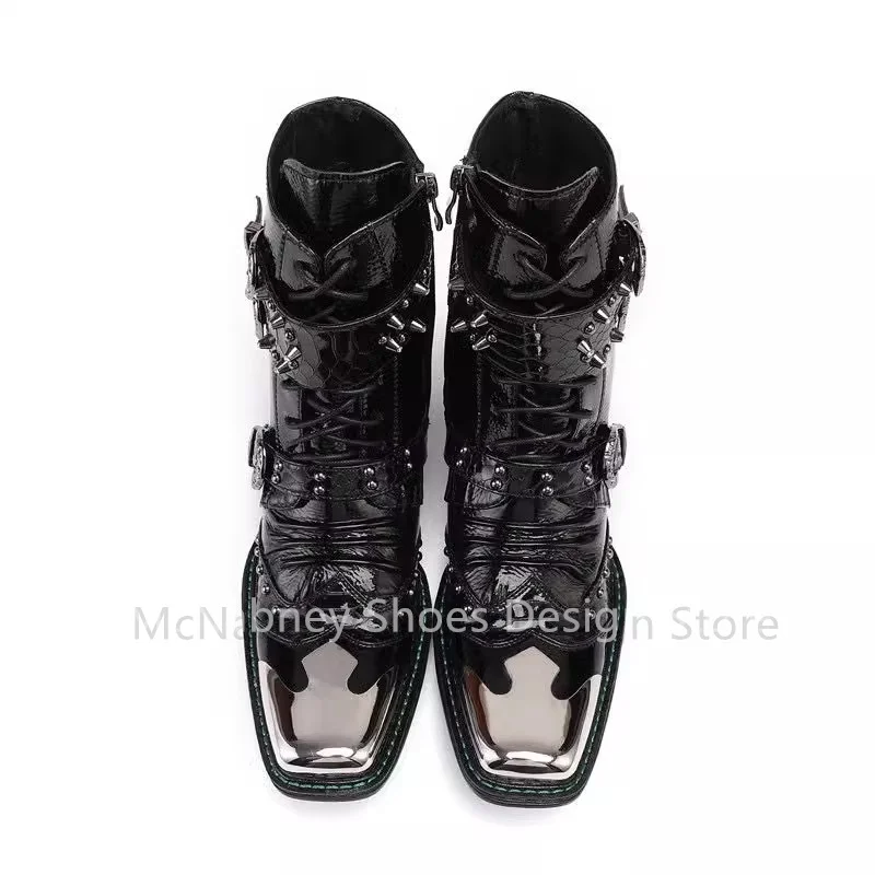 Мужская вечерняя модельная ботильоны в стиле панк с заклепками и пряжкой на