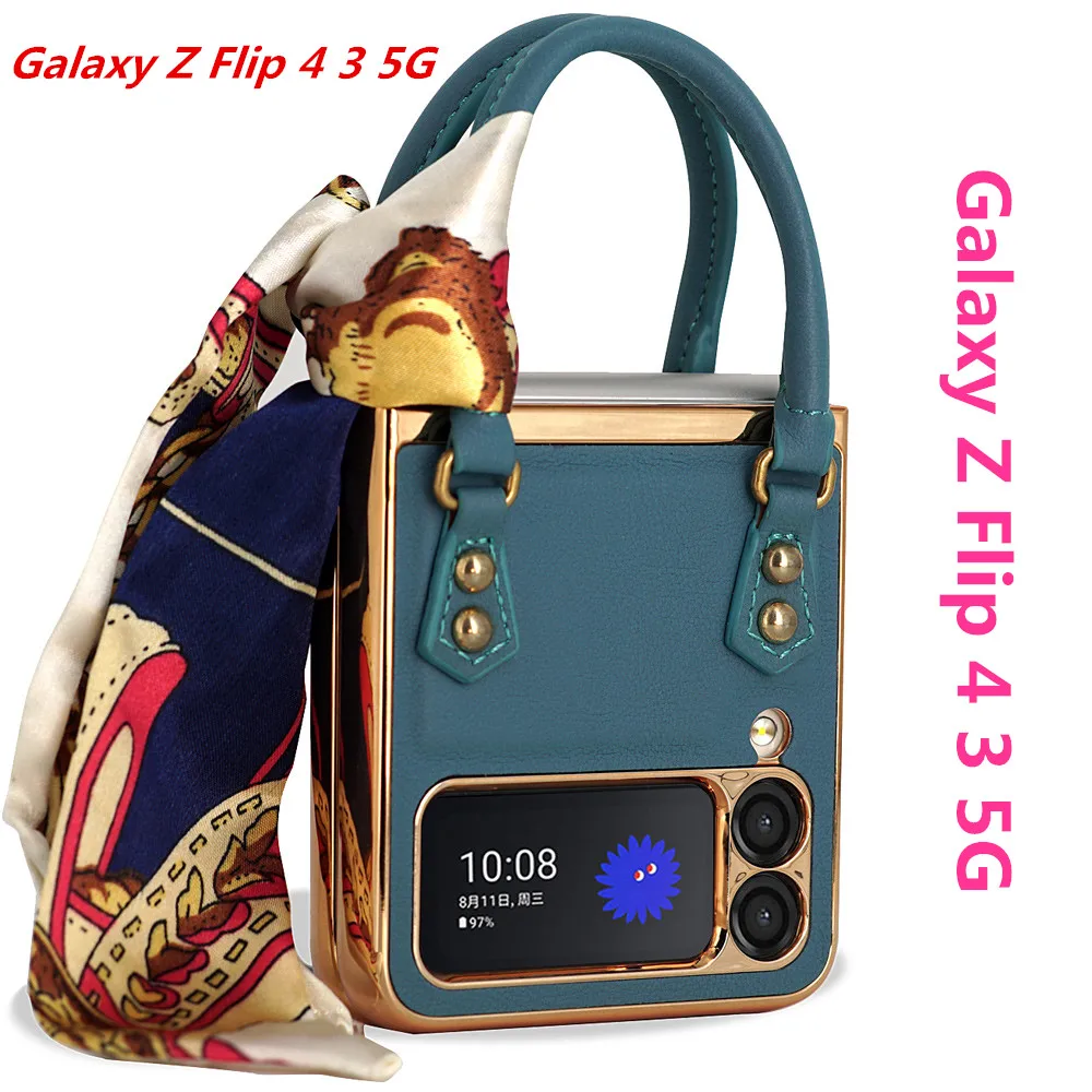 

Deluxe Luxury Woman Leather Handbag Case For Samsung Galaxy Z Flip4 Flip3 Flip 4 3 Fashion Rivet Hand bag Protection Cover Funda