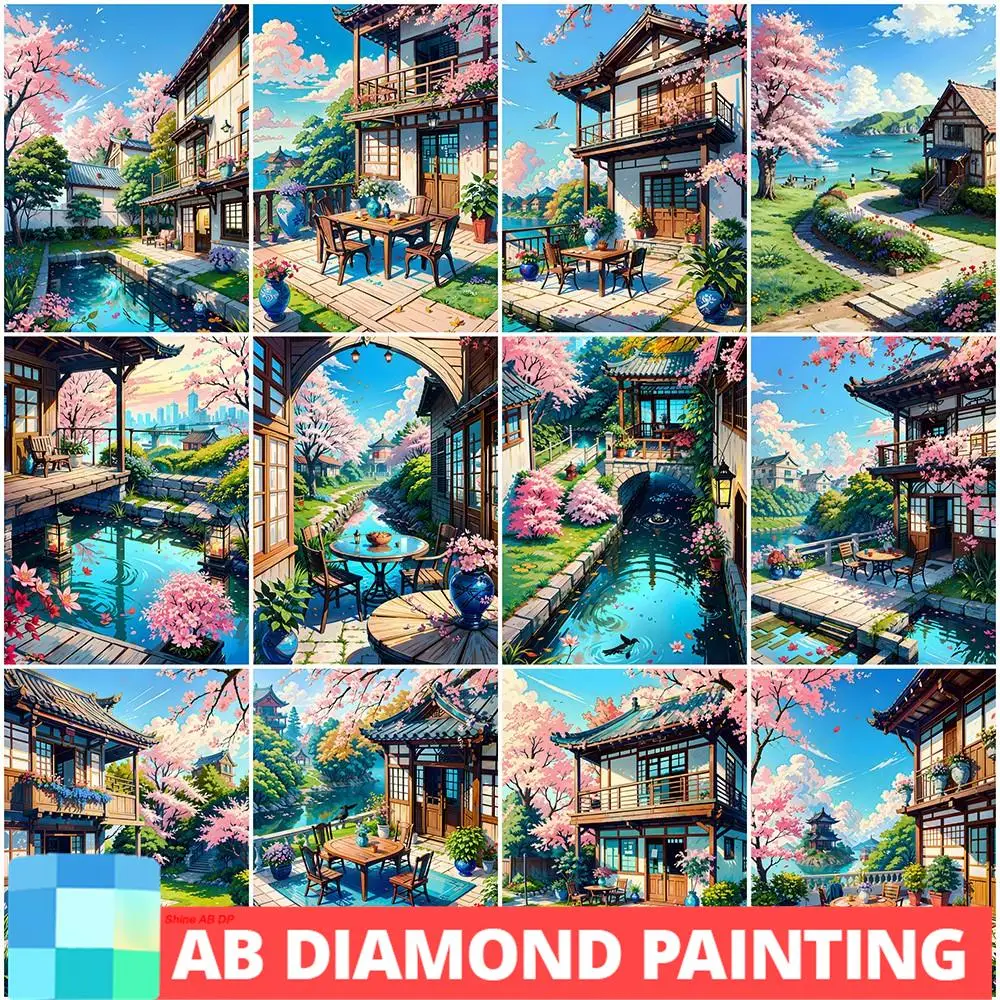 

AB Drills 5D Diamond Painting Cherry Blossom Tree House Yard Rhinestones Picture Diamond Mosaic Comic Landscape Cross Stitch Kit