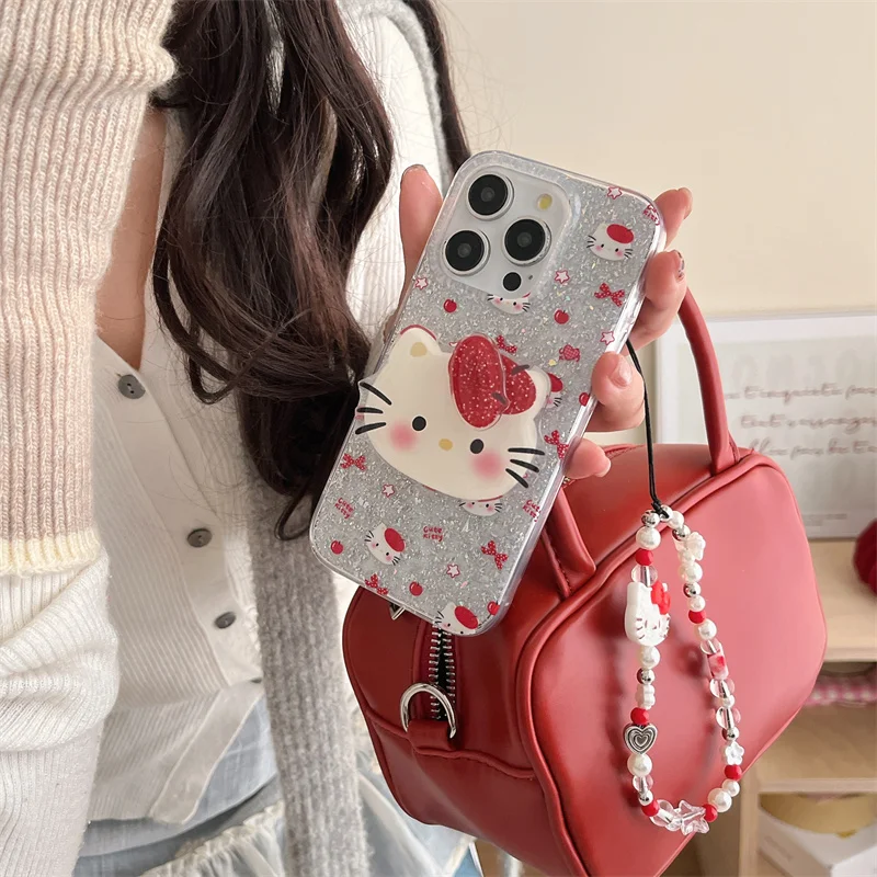 Милый чехол для телефона Hello Kitty Bling с блестками iPhone 13 14 15 16 Pro Max Lovely He Shy Holder 3D KT на