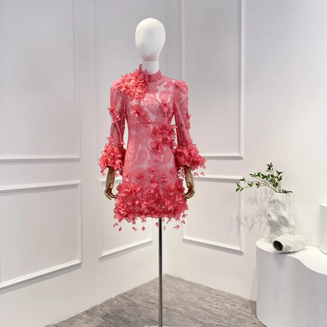 

Женское кружевное платье-мини, розовое платье с текстурной аппликацией, лето-осень 2022