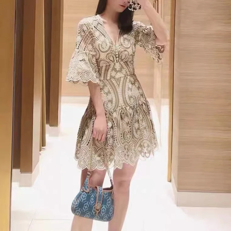 

Chic Elegant Women V Neck Mini Dress Fashion Hook Flower Hollow Office Ladies Dresses Vintage Short Vestidos Casual French Brand