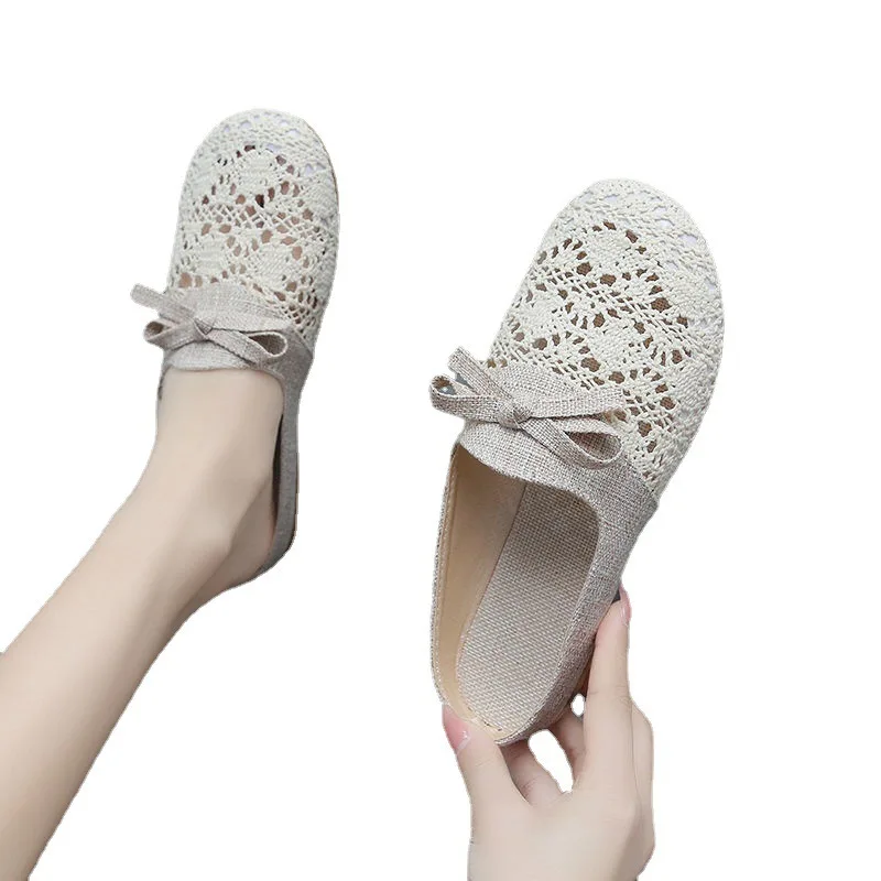 

2022 New Summer Versatile Outer Mesh Breathable Non Slip Linen Cotton Baotou Half Slippers Women's Sandals