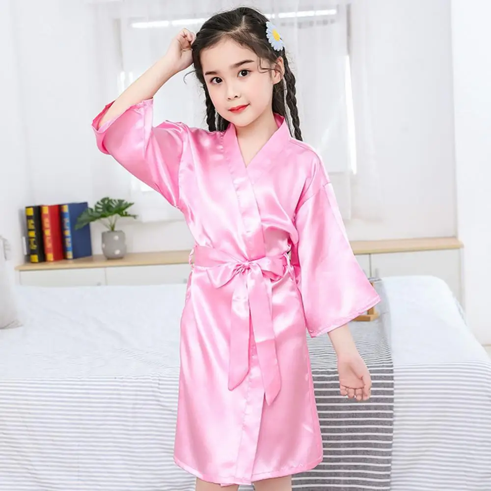 

Spring Autumn Summer Girls Silk Robe Solid Color Children's Nightgown Lace Soft Kids Bathrobe Girls Satin Teenager