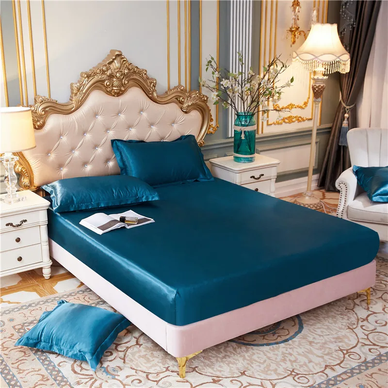 

Satin Silk Fitted Bed Sheet Solid Color Mattress Protector Smooth Thick Mattress Cover With Elastic Band Washable Bed Cover