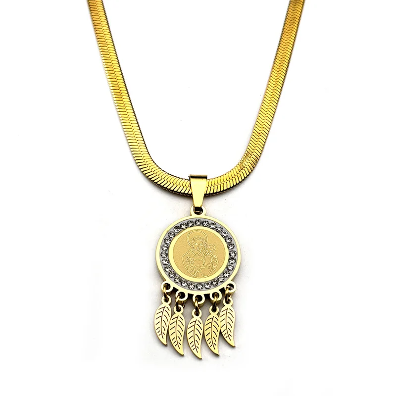 Девы Марии держит детский лист с кисточкой и кристаллами кулон ожерелье для