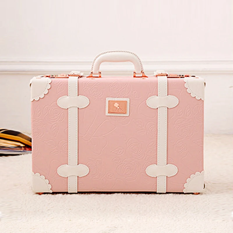 2022 box 13 inch Women Hard Retro Rolling Luggage Set Trolley Baggage With Cosmetic Bag Vintage Suitcase For Girls