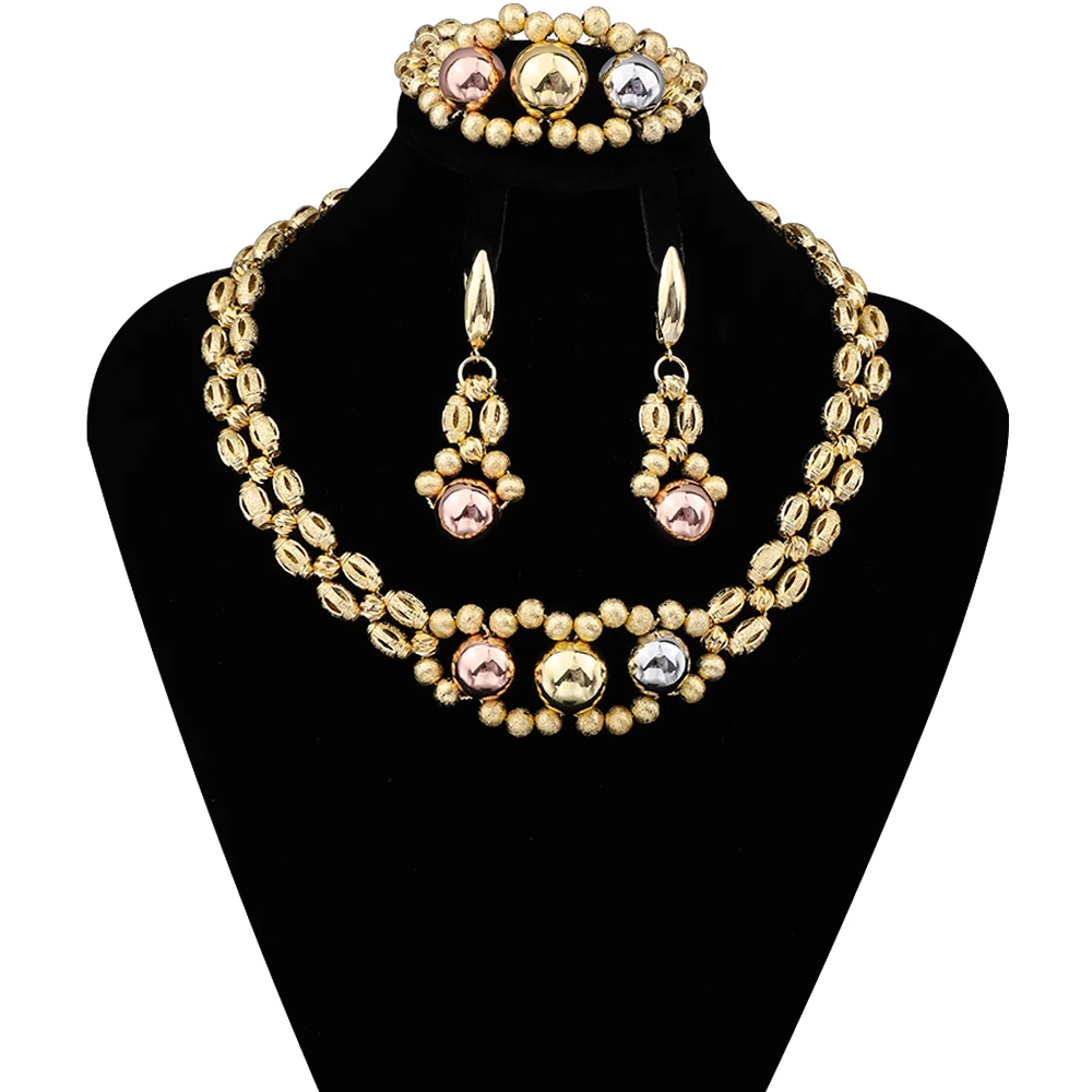 

Dubai Gold Color Round Beads Design Necklace Pendant Earring Bracelet Jewelry Set African Arab Women Wedding Party Gifts