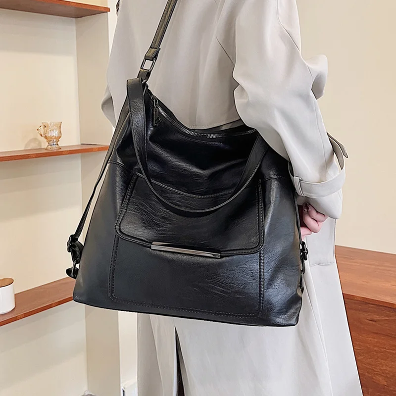

Black Big Women Hobo Bags Large Capacity Female Tote Bag Texture Soft Leather Handbag Ladies Vintage Multifunction Shoulder Bag