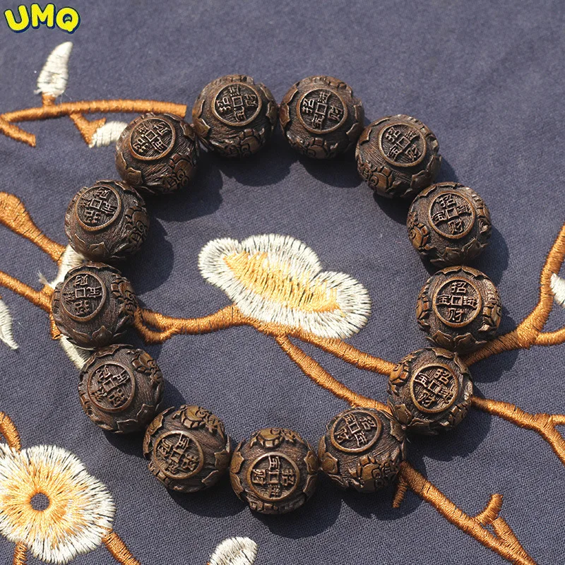 

Gold Filigree Nanmu Carving Attracts Wealth and Treasures, Single Circle Buddha Bead Hand String, Men's and Women's General