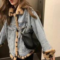 both sides wear plus velvet thick denim jacket leopard print fur cotton padded coat splicing korean loose womens clothing 2021