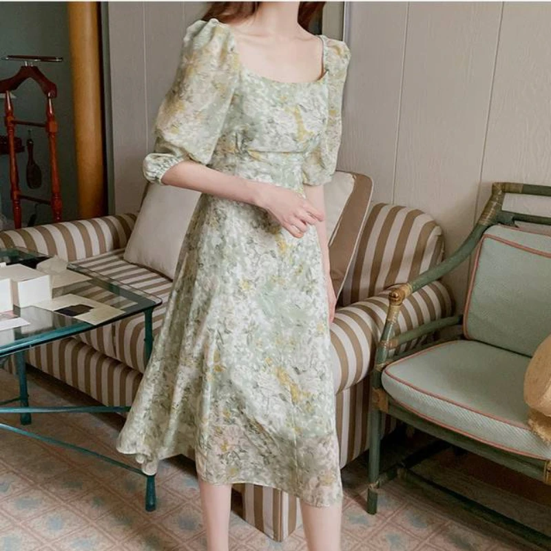 

Женское шифоновое платье с коротким рукавом, облегающее платье с квадратным вырезом и высокой талией, модель 529g в Корейском стиле